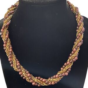 NWOT Charter Club twisted brown faux pearls and gold tone chain necklace